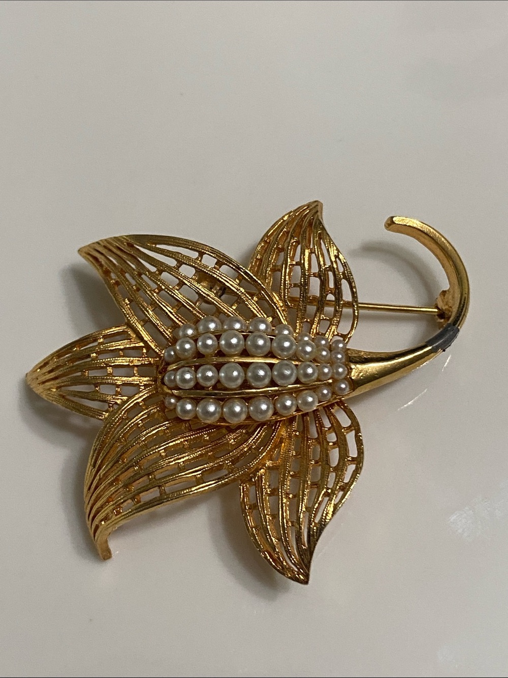 VTG Corocraft Gold Pearl Floral Brooch